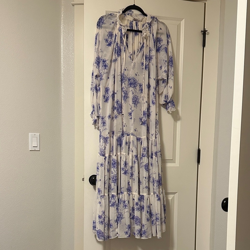Free People Long Sleeve Floral Dress in Blue and Cream